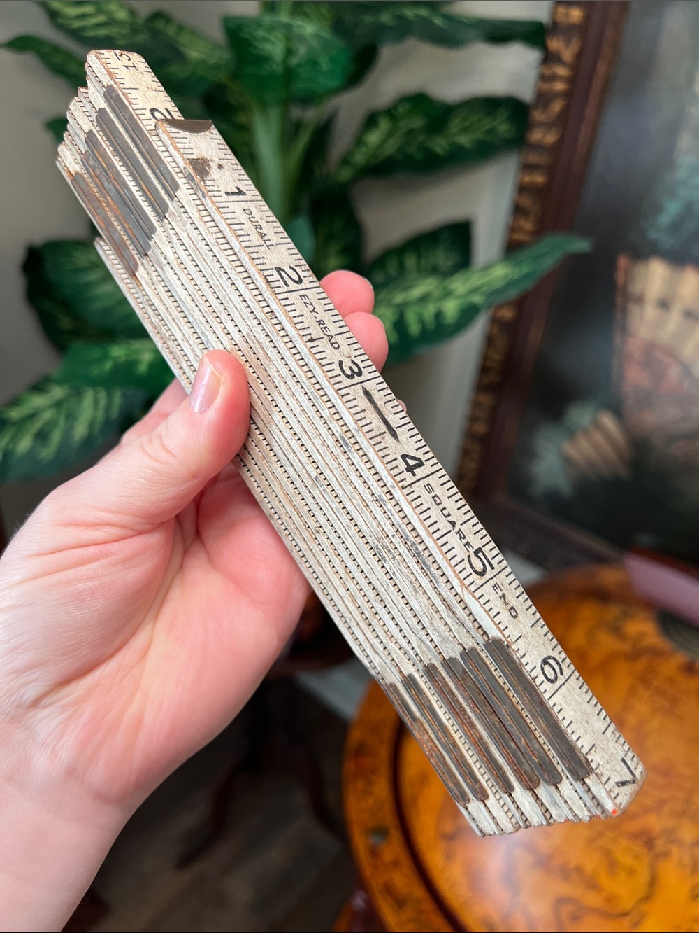 Vintage Old White DURALL EZY-READ Wood Folding Tape Measure Extension Ruler
